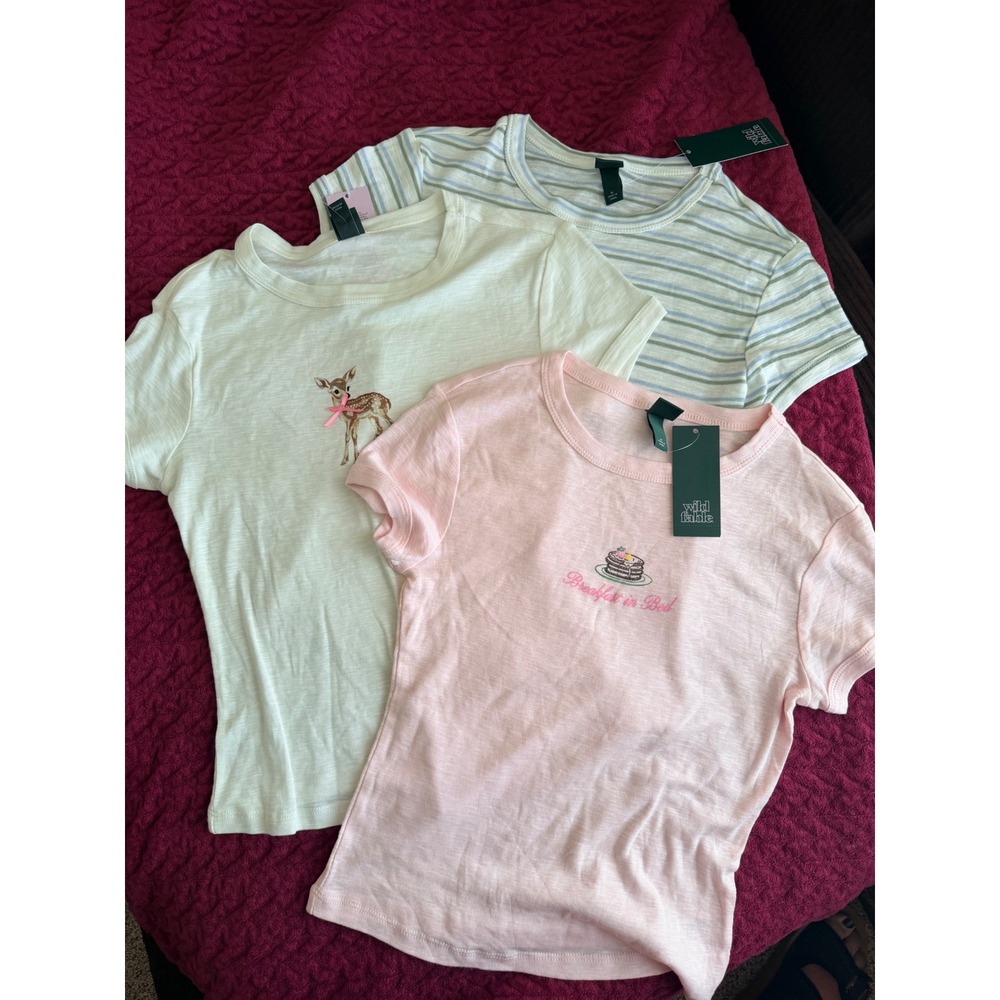 Wild Fable Girls Baby Tee Bundle 3pk Deer Pancake Striped Slub Knit Tops NWT